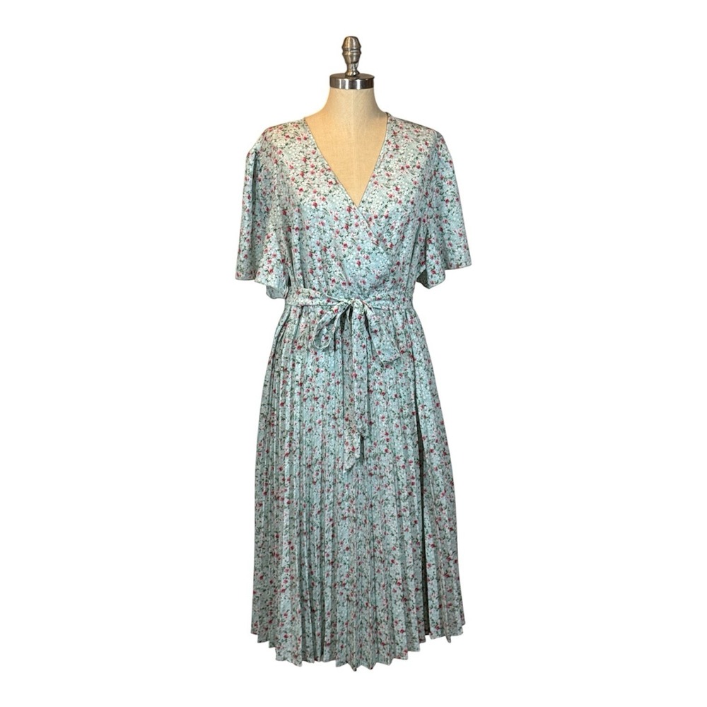 Kojooin Dress Women's 2XL Mint Floral Pleated Midi Flutter Sleeve Cottagecore‎